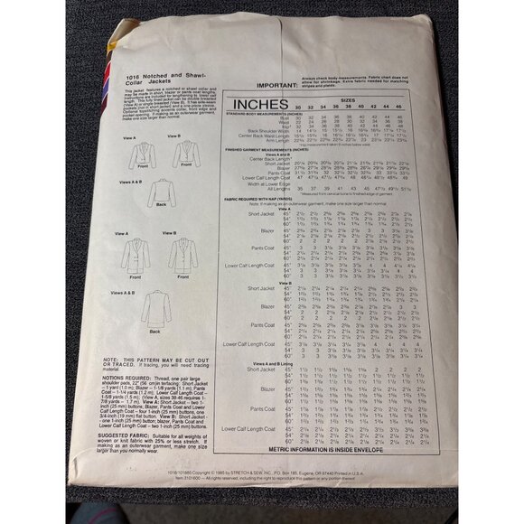 Stretch & Sew 1016 Notched & Shawl-Collar Jacket Sewing Pattern Bust Size 30-46 - Picture 3 of 5